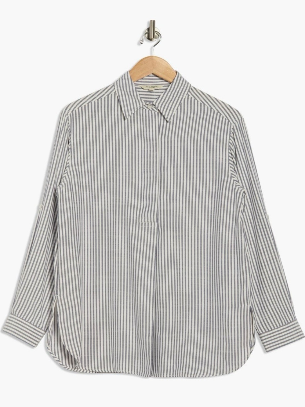 MAX STUDIO Stripe Oversize Long Sleeve Button-Up Tunic in green/ivory Sz M - Picture 3 of 15